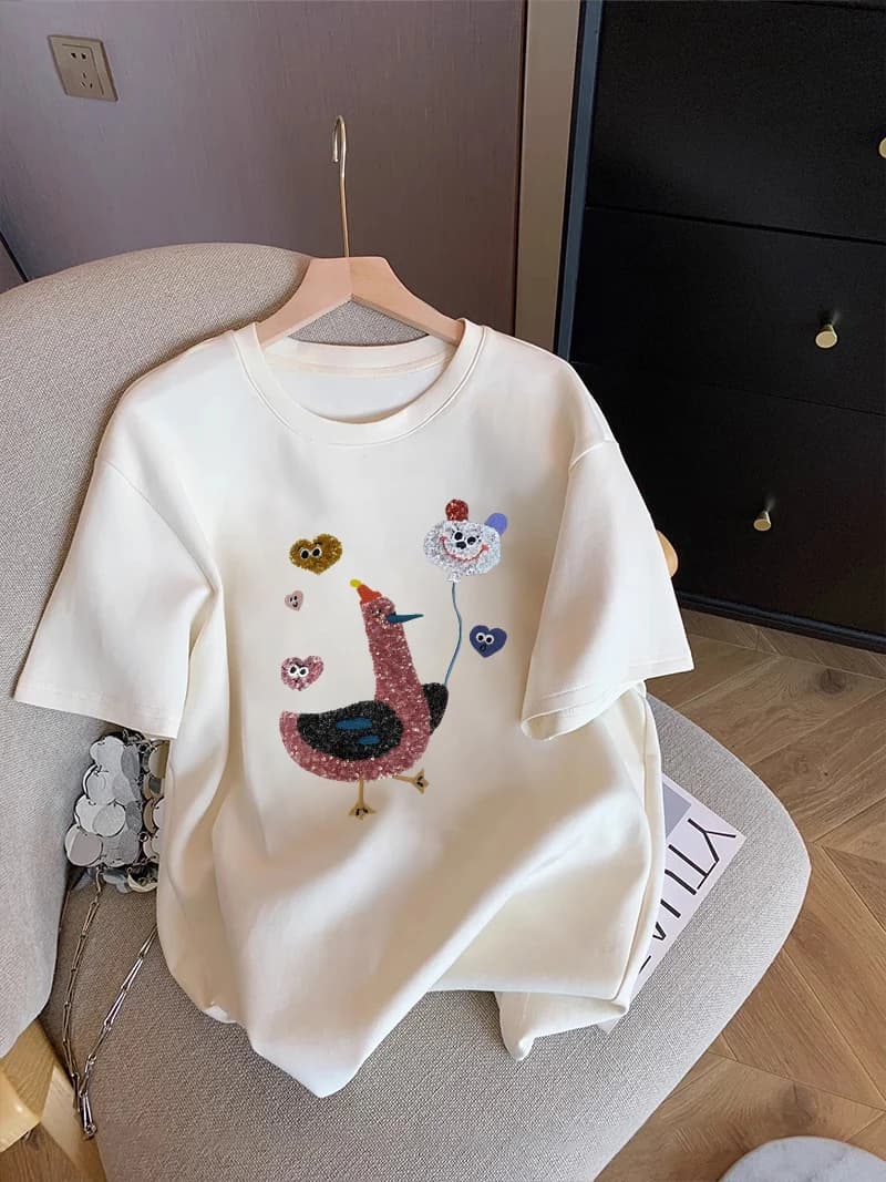 T-shirt a maniche corte in stile coreano con ricami pesanti, girocollo casual ampio, per uomo e donna, estivo, di tendenza, di marca, giovanile.
