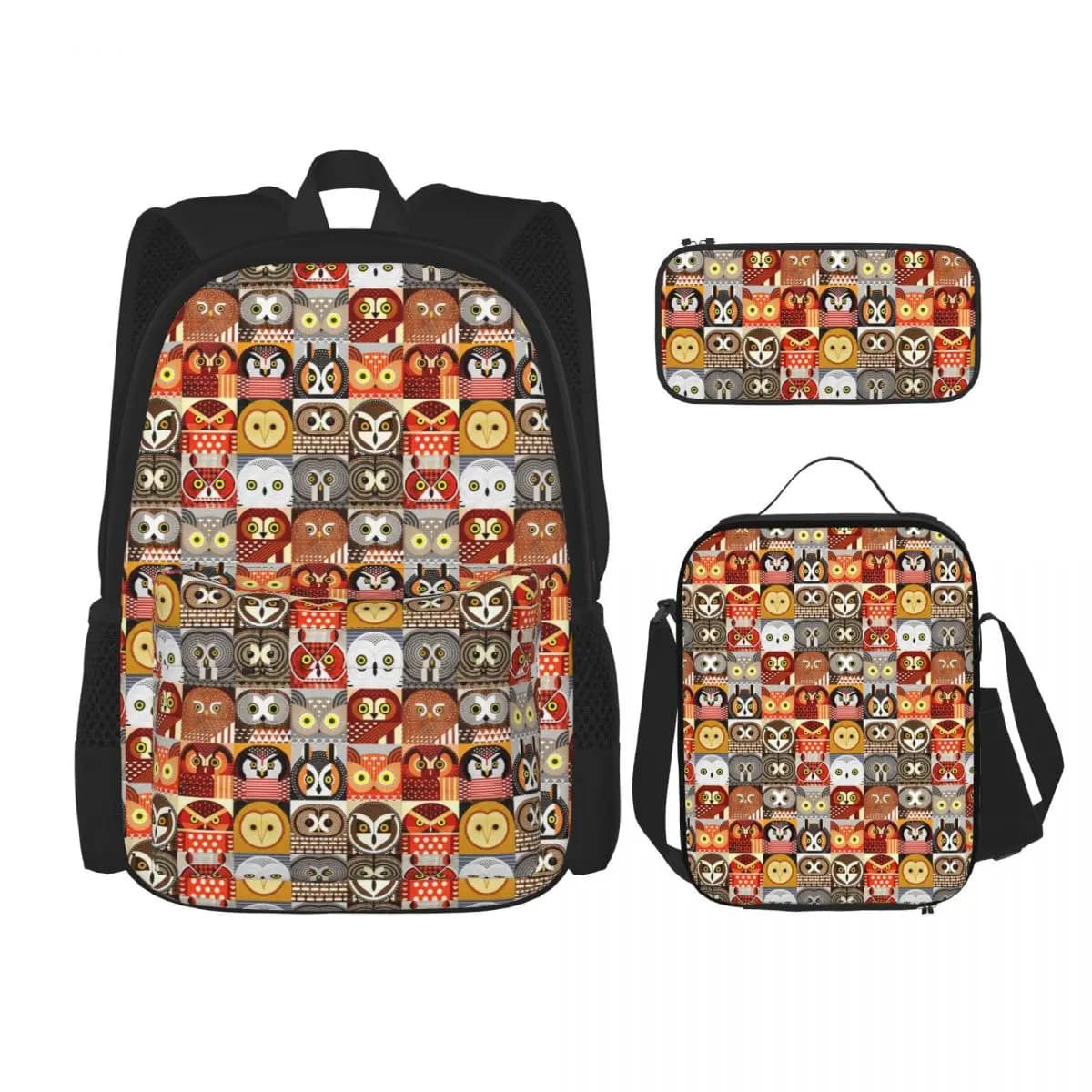 North American Owl Backpacks Kids Bookbag School Bags Rucksack Lunch Bag Pen Bag Three-Piece Set
