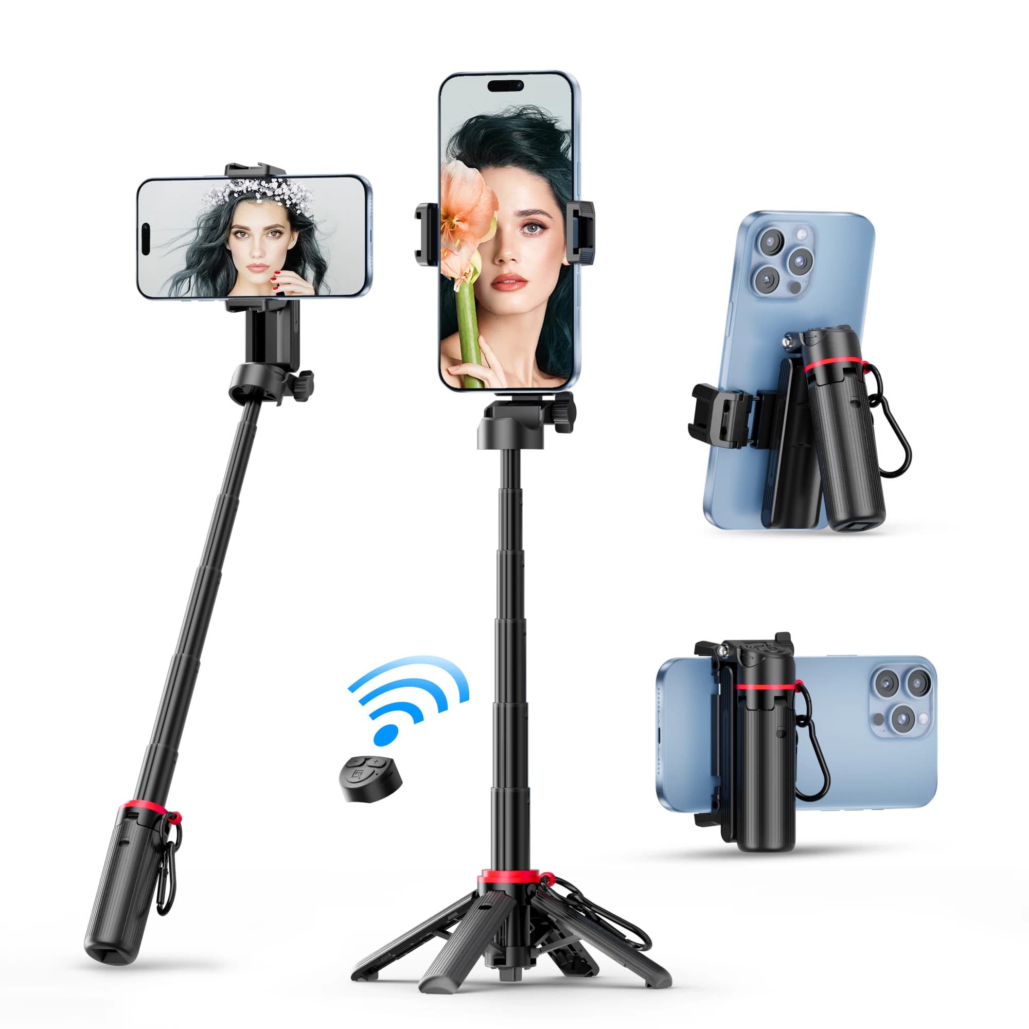 Mini selfie stick portatile, apribile a pressione, con quattro supporti.