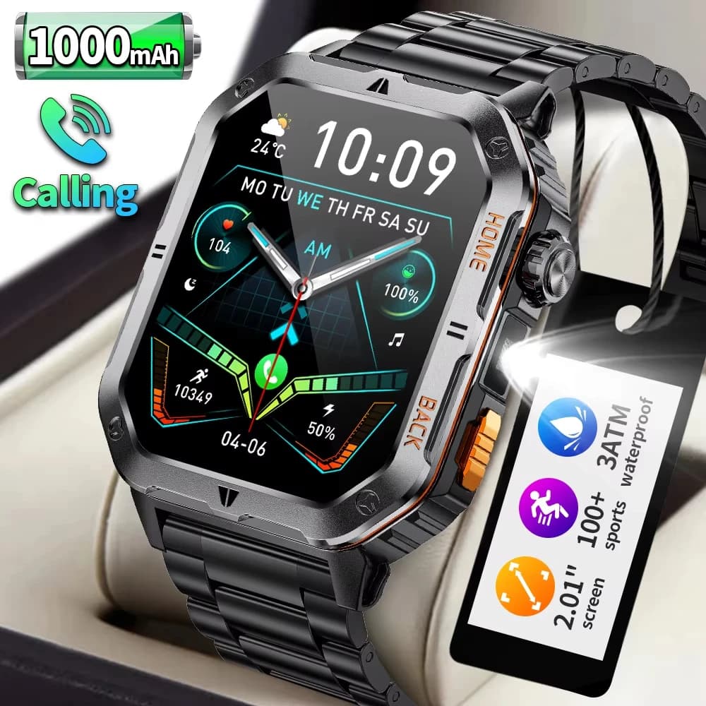 New Military Smartwatch 2026 with 2,01 HD Screen, Waterproof, for Open Sports, Fitness Tracker, Health Monitoring, BT Calls