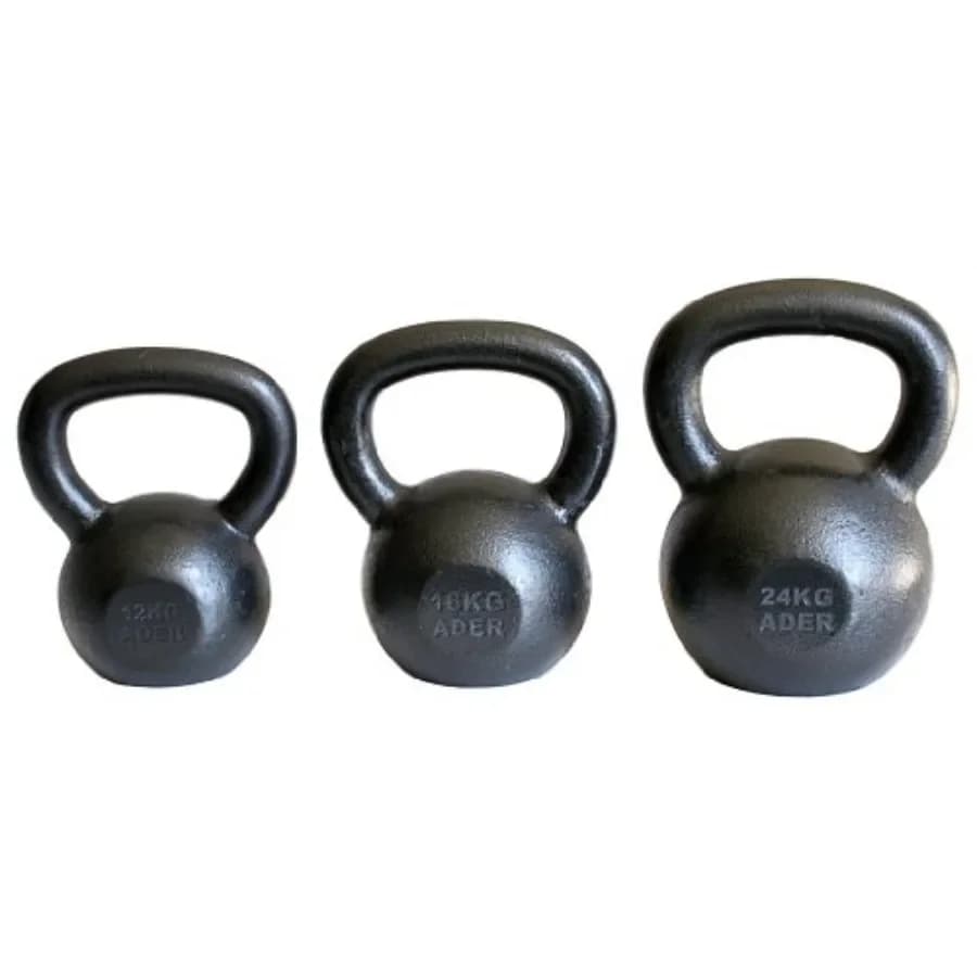 Home gym kettlebell set in black rubber with 12, 16, 24 kg weights for strength training and functional fitness