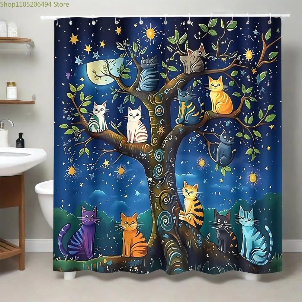 1 pz. Tenda da doccia a tema gatto magico e notte stellata, adatta per - Cucce per gatti e ambienti - con occhielli, facile da pulire