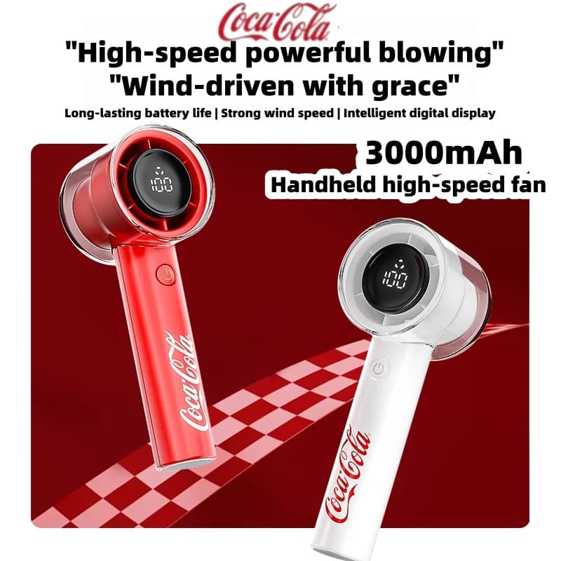 Ventilatore portatile Coca Cola con batteria USB da 3000 mAh, ricaricabile, ad alta velocità, con display digitale a LED, per viaggi, campeggio, attività all'aperto