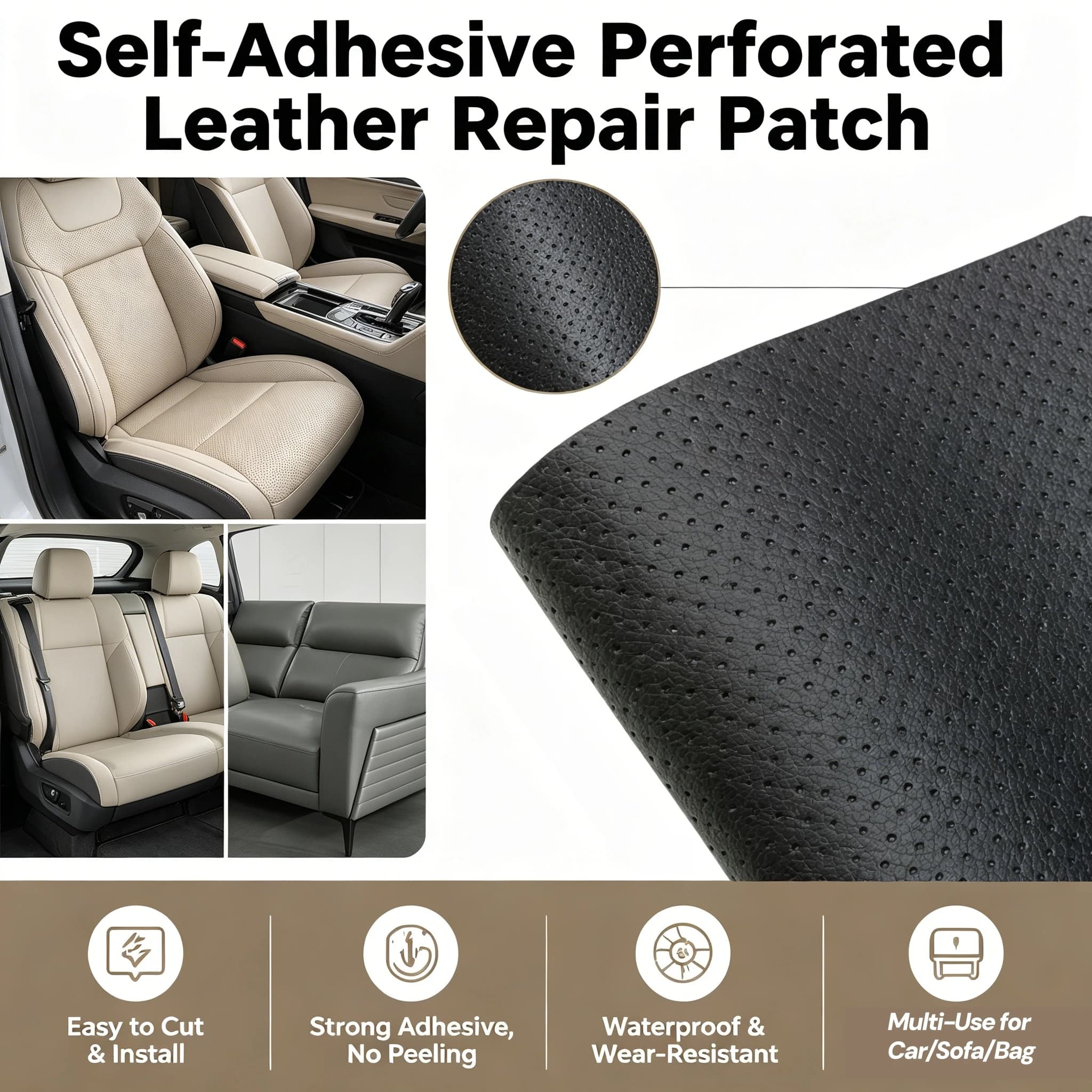 Toppa in Pelle Perforata Traspirante Autoadesiva, Kit di Riparazione in Vinile per Mobili, Divani, Sedili Auto