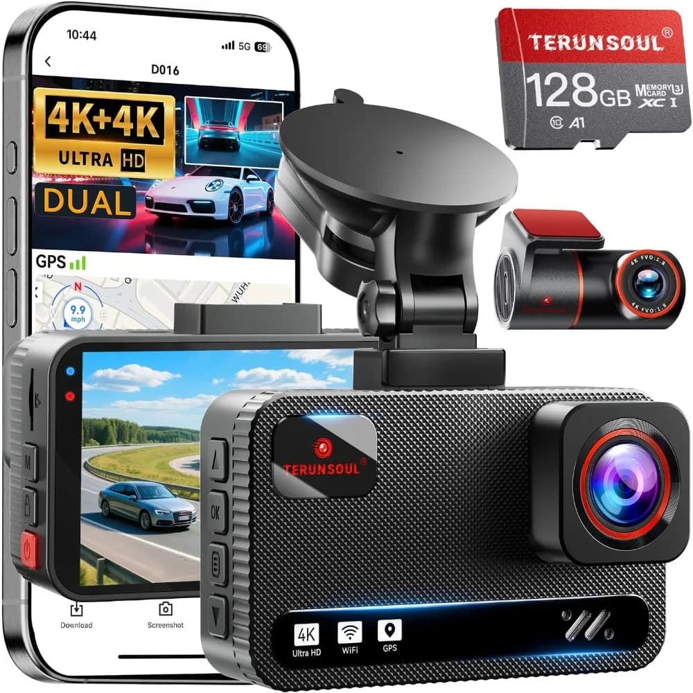 Dash Cam 4K+4K front and rear, 128 GB integrated card, 5.8 GHz WiFi dashboard camera for car, integrated GPS, G sensor, 170 ° Wide