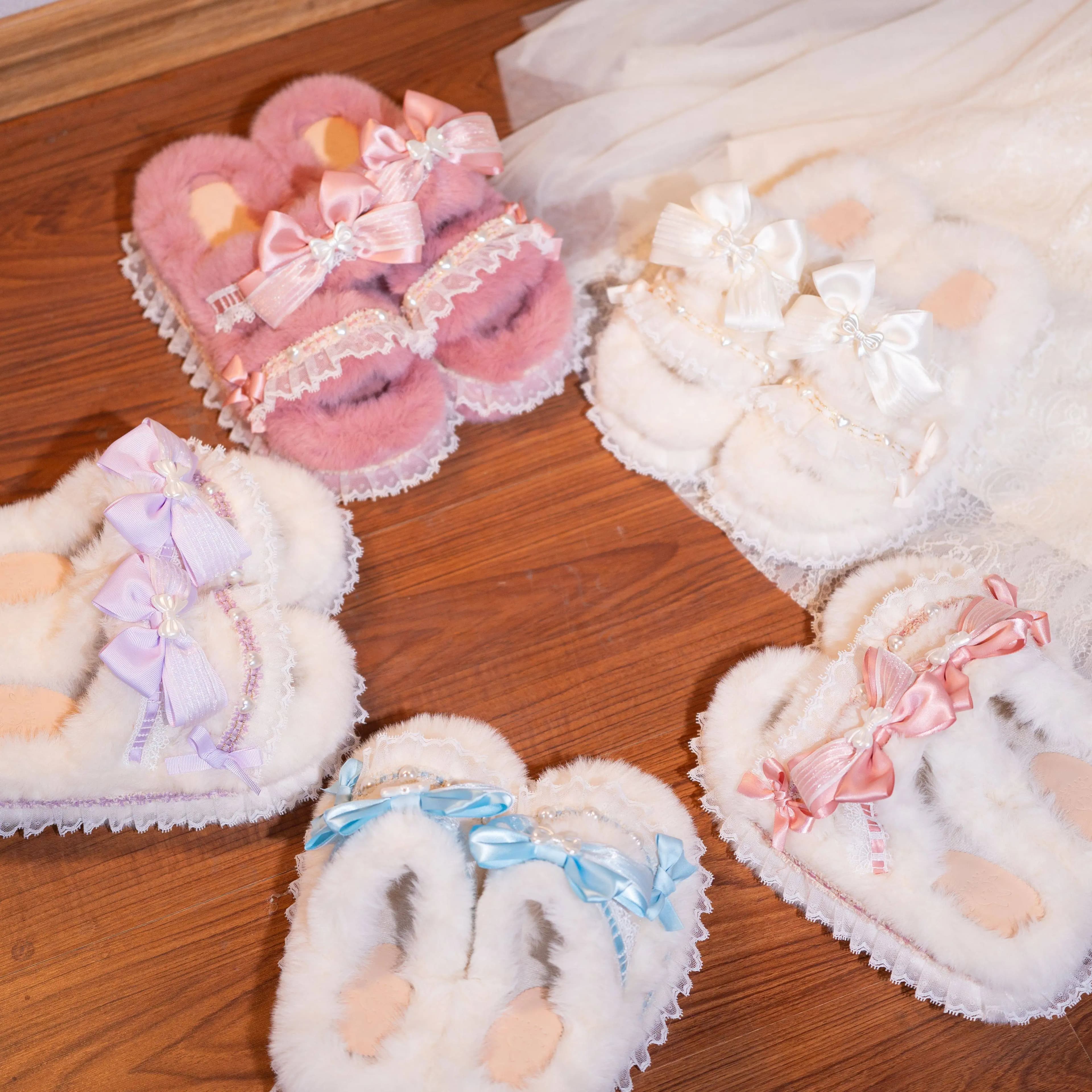 Japanese Original Handmade Sweet and Cute Thick-soled Winter Fluffy Slippers Soft Sister Lolita Bow Lace Women's Shoes