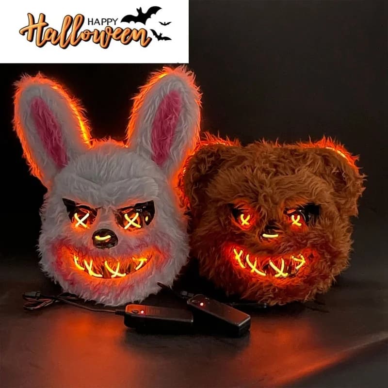 LED Light Halloween Cosplay Party Animal Cartoon Face Mask Stage Show Make-up Horror Bloody Rabbit Bear Mask Carnival Headcover