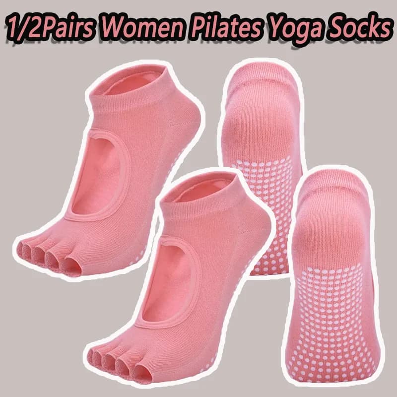 1/2 Paia di Calzini da Yoga per Donna, Traspiranti, Antiscivolo con Silicone, Calzini Sportivi a Cinque Dita Senza Tallone per Pilates, Palestra, Fitness, Danza Classica
