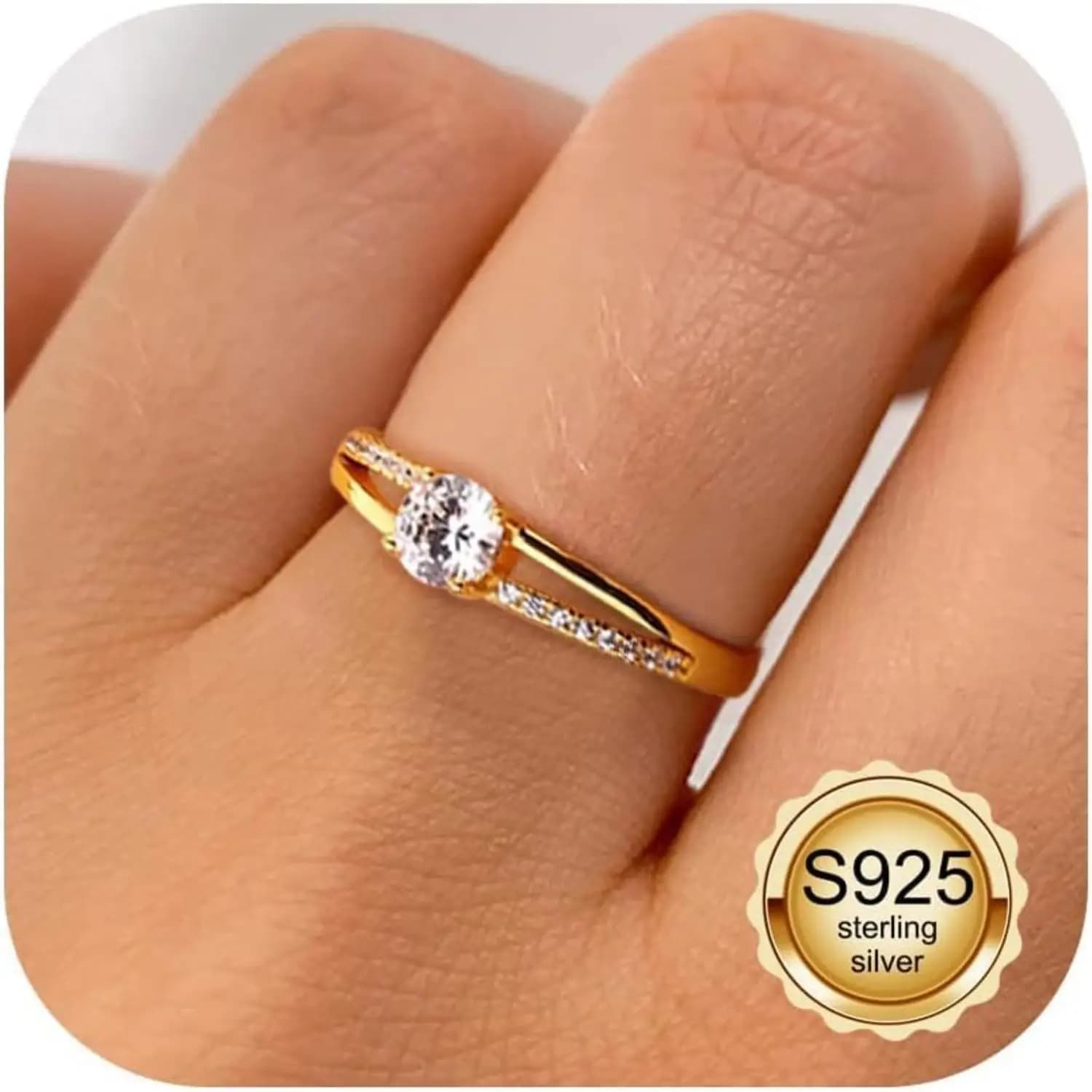 Anello Regolabile Fansilver in Argento Sterling 925 con Zirconia Cubica Rotonda, Anello Promessa di Matrimonio Placcato 18K per Donne
