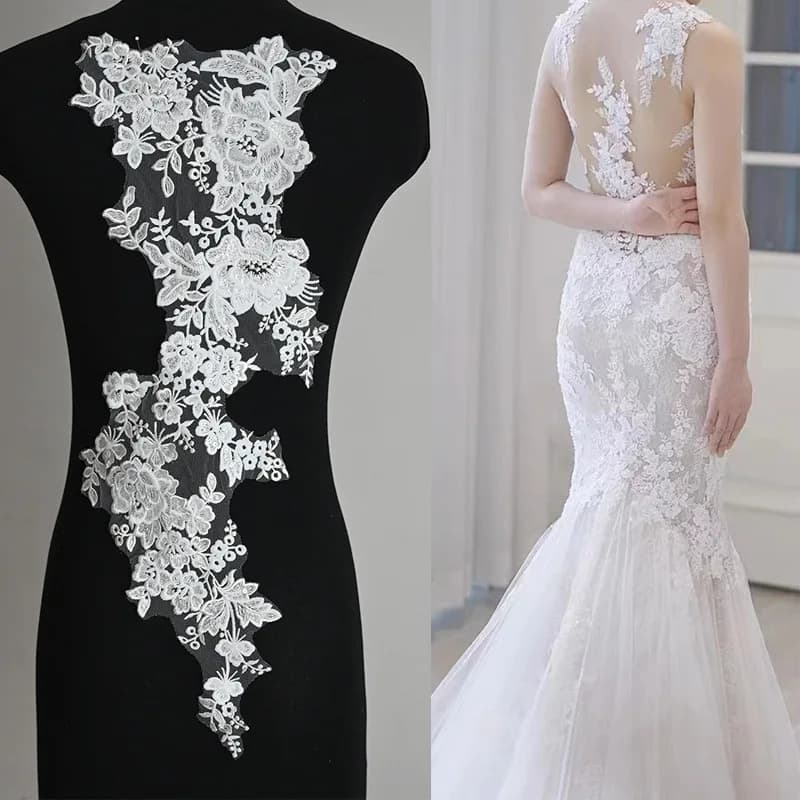 Appliques dell'abito da sposa ricamate in tessuto di pizzo, finiture barocche, toppe da cucire in rete con colletto per abito, decorazione fai da te, bianco sporco