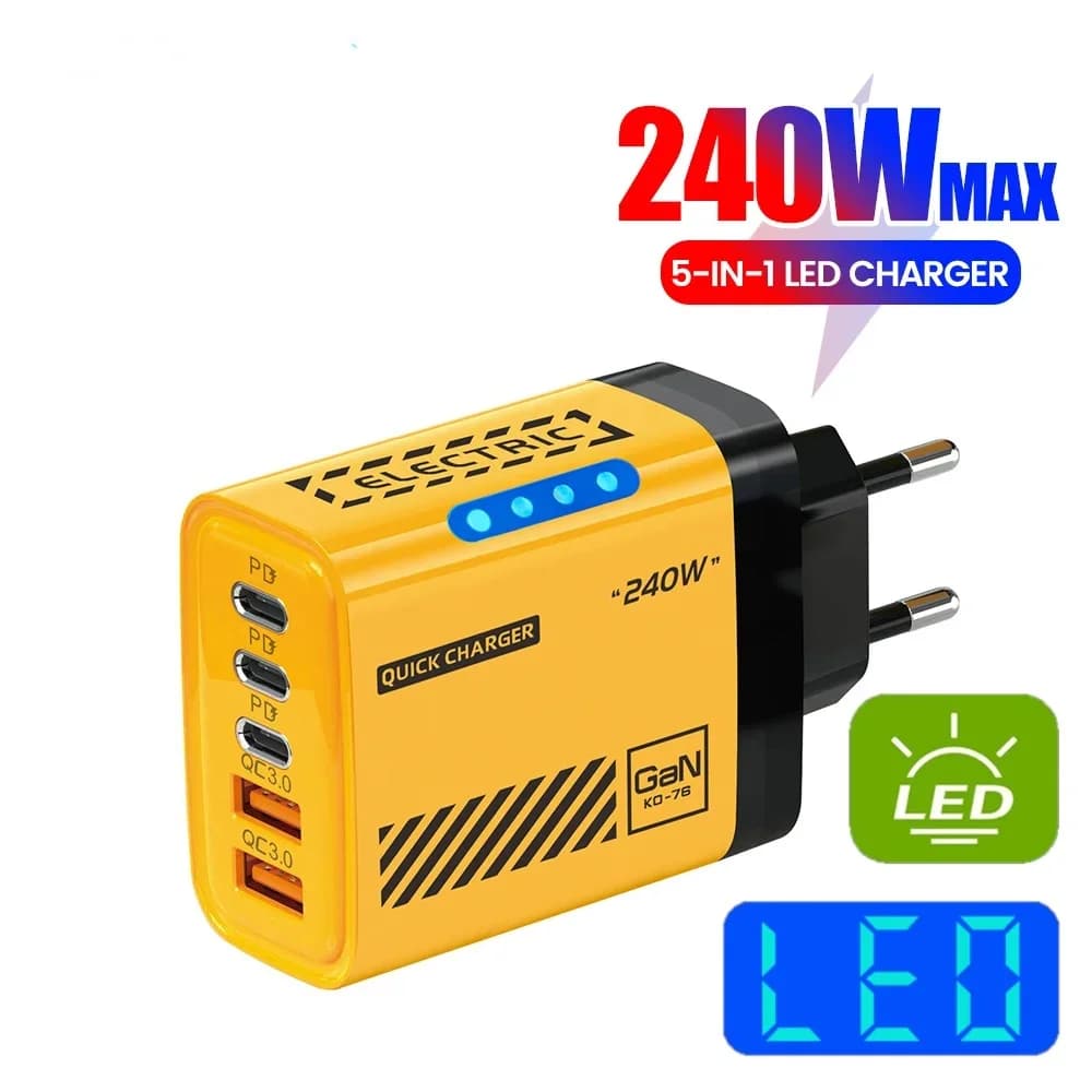 Caricatore GaN da 240W con 5 porte, 3 USB e 2 Type-C, ricarica rapida, spina US/EU, con luce LED, adattatore di alimentazione da tavolo per iPhone, Huawei, Xiaomi