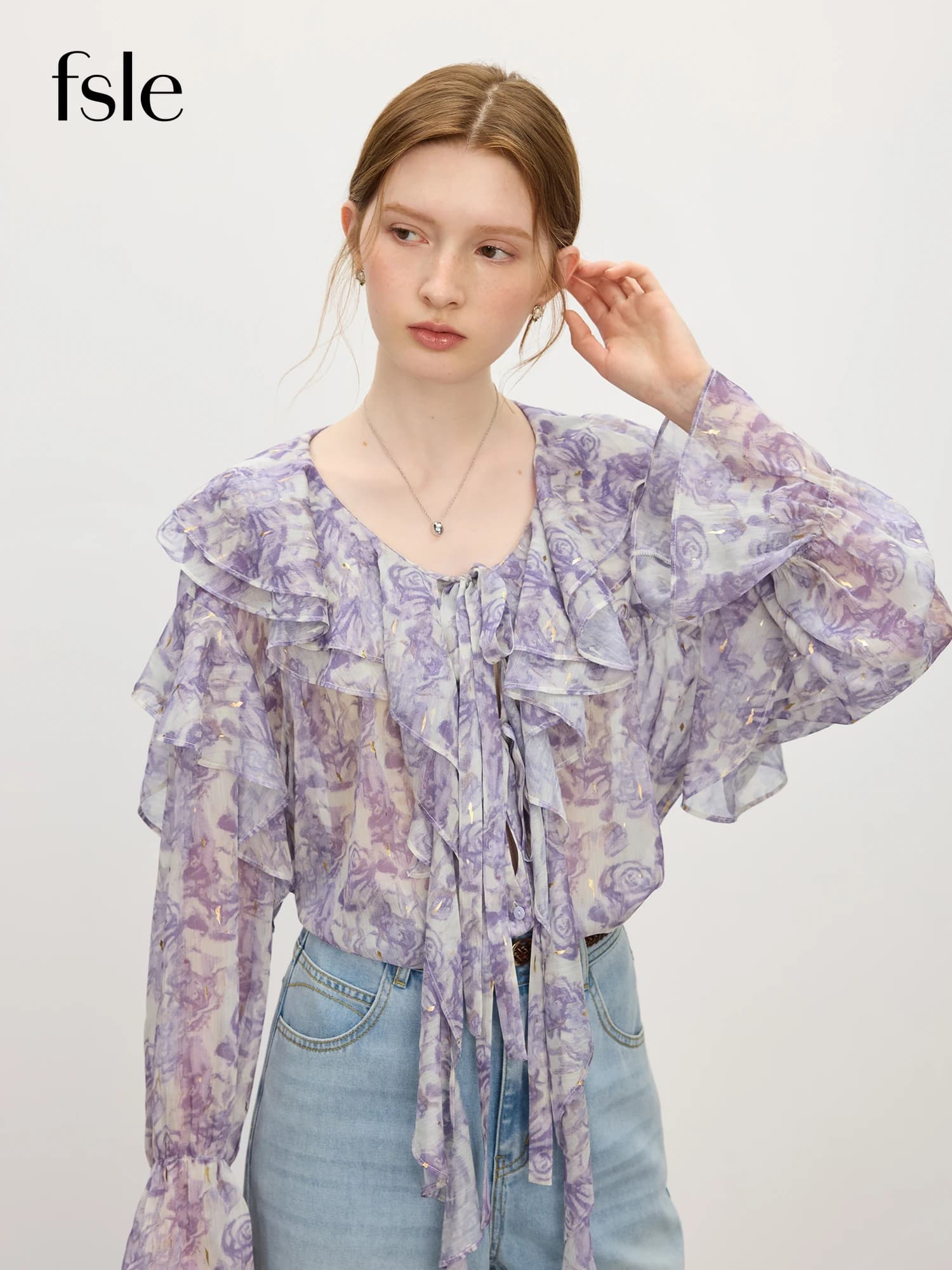FSLE Camicia con colletto con volant rosa francese Donna 2025 Estate Nuovo pendolare Top a maniche lunghe 25FS12769