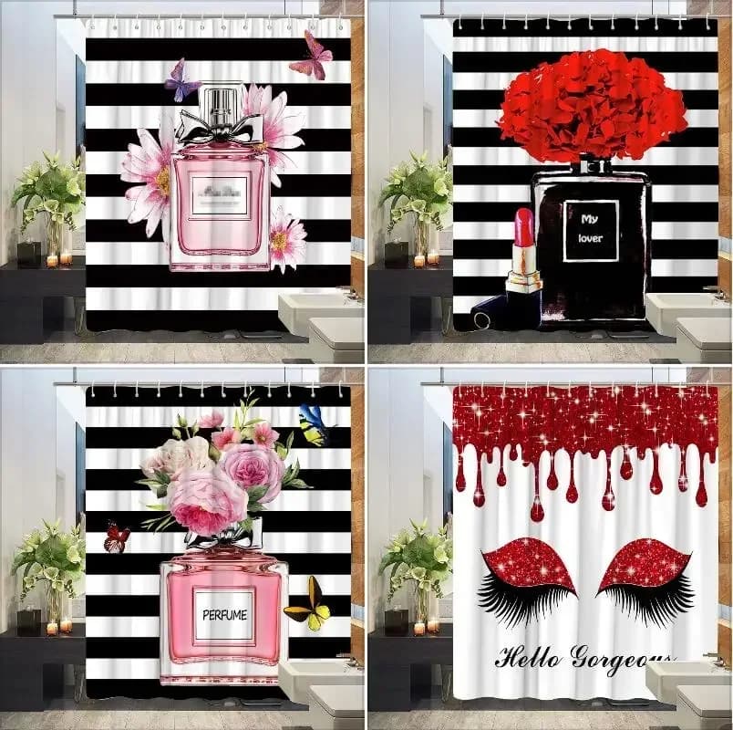 Profumo cosmetico e tenda da doccia floreale e tappeto Set da bagno Fiori Tacchi Rossetto Panno per la casa Tenda sospesa Decorazioni per il bagno