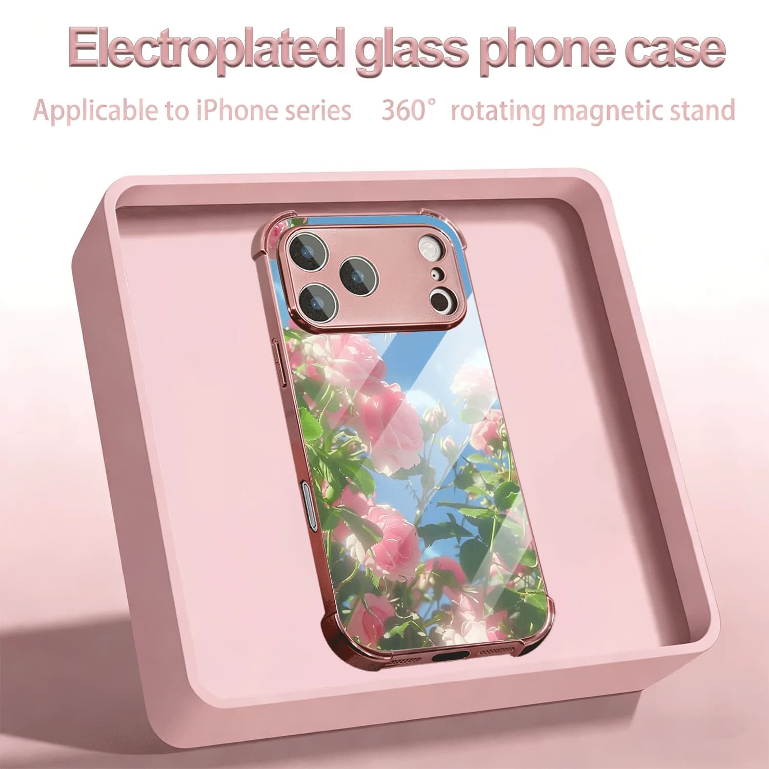 Pink Roses Against Blue Sky Electroplated Glass Lens Protective Shockproof Case For iPhone 13 14 15 16 17 Pro ProMax