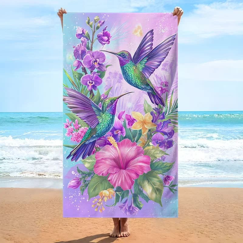 Asciugamano da spiaggia con stampa floreale Hummingbird, tessuto morbido in microfibra, unisex, per nuoto, viaggi, campeggio, gite in spiaggia, avventure all'aria aperta