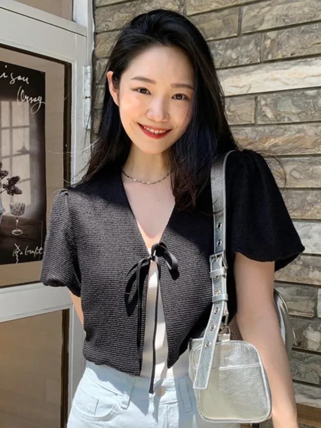 Chic Short Sleeve Open Cardigan Women's V-neck Bubble Sleeve Short Coarse Tweed Jacket Korean Style Loose Fit Summer Thin