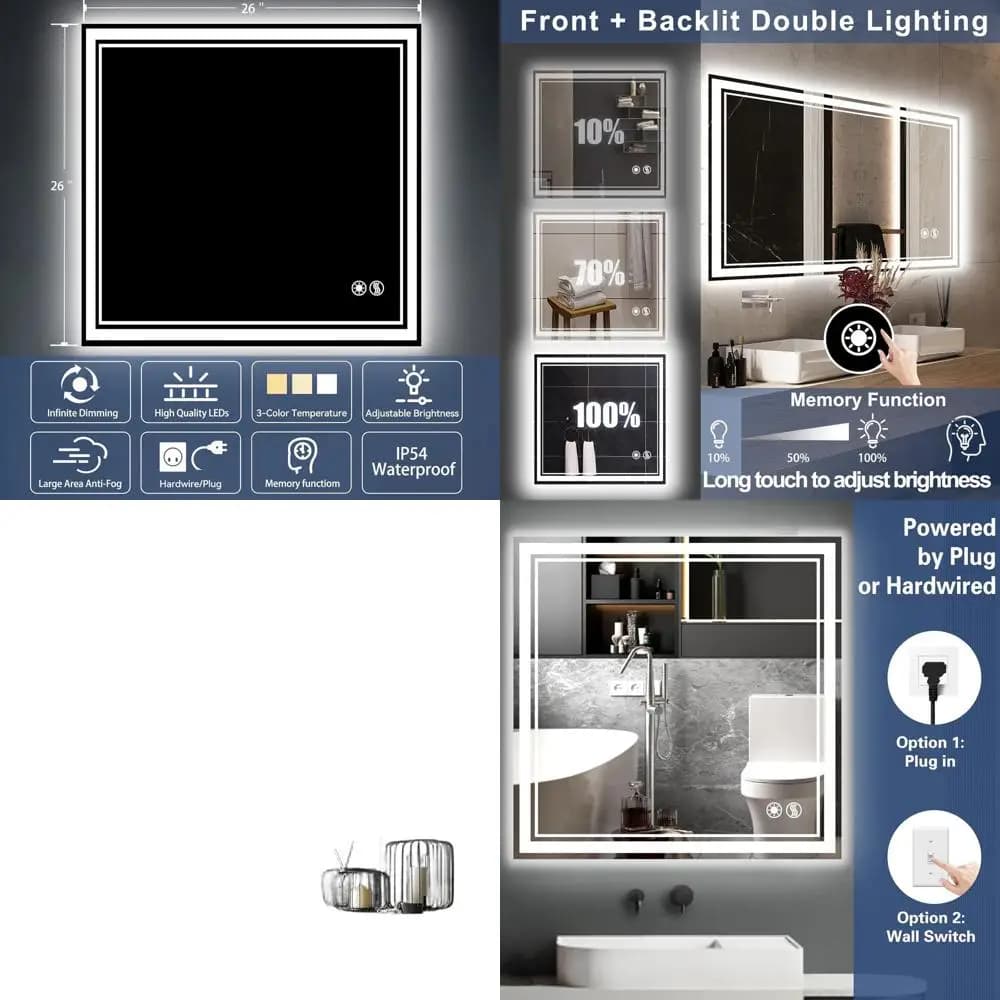Specchio da Bagno LED Dimmerabile 26x26 Pollici con 3 Colori, Sensore Touch e Funzione Memoria, Specchio Intelligente da Parete