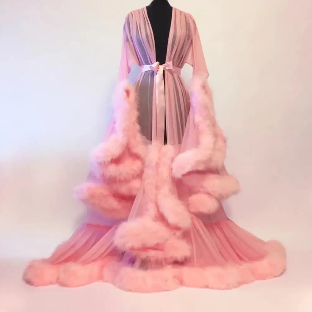 Cocktail party dress with soft sleeves Women's swimwear Transparent nightdress for wedding nightdress Translucent bathrobe dress in mesh