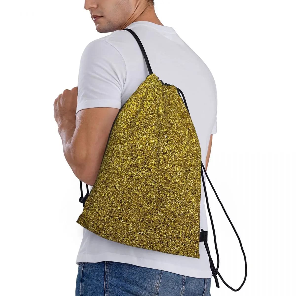 Zaini astratti con glitter dorati, borse sportive casual con coulisse e tasca, borse per libri per uomo e donna, per la scuola