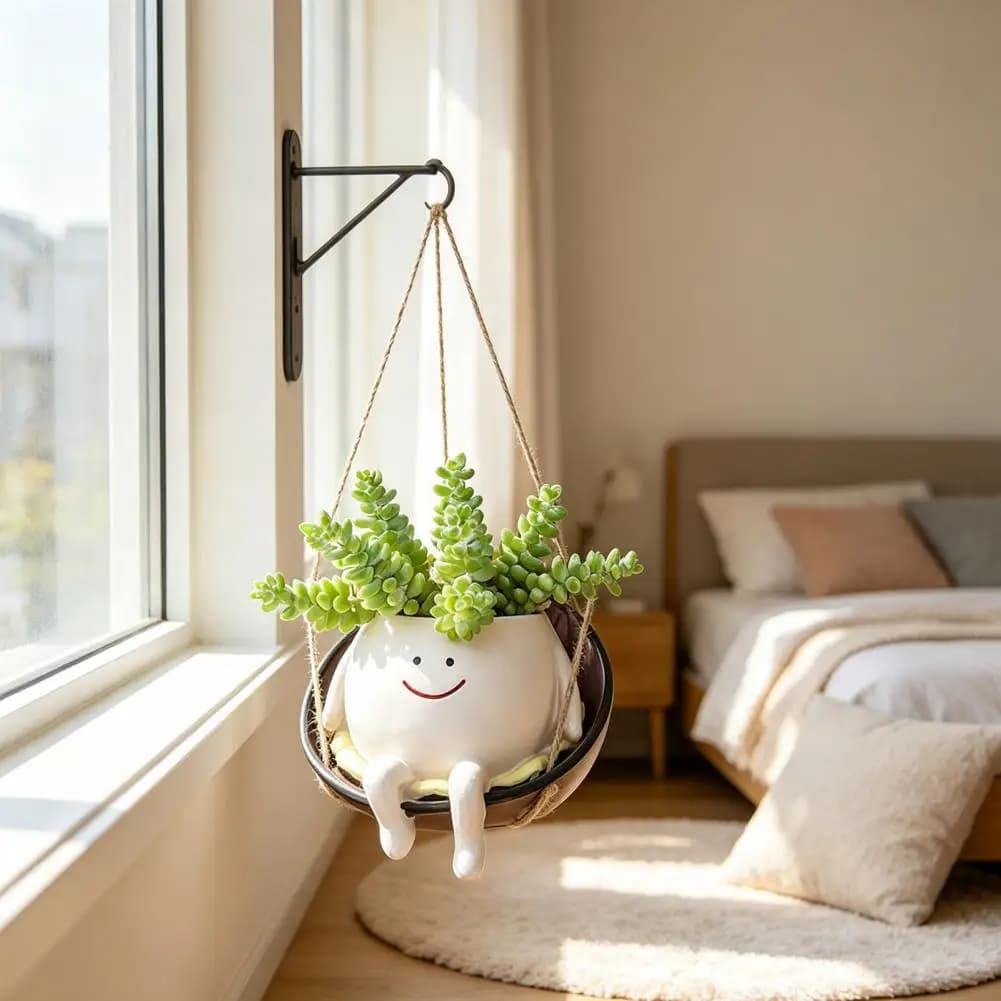 Vaso pensile decorativo da scrivania a forma di sedia a dondolo, simpatico vaso per piante con faccina sorridente in resina, porta piante da interno ed esterno per la casa