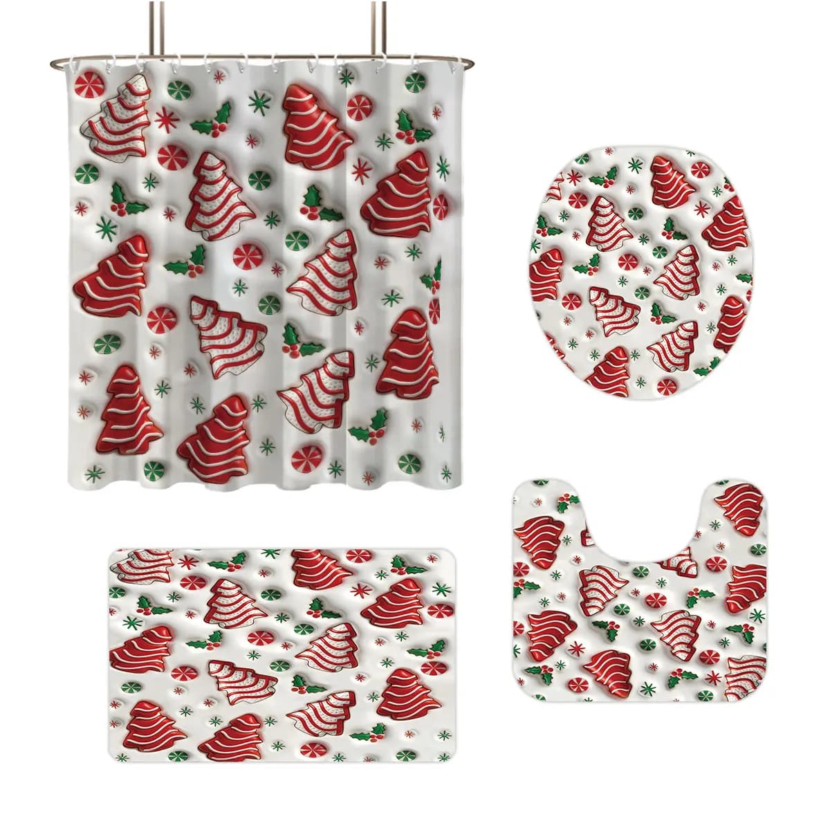 Cartone animato albero di Natale stampato bagno set da 4 pezzi 180x180 tenda da doccia impermeabile tappetino tappetino per WC a forma di U