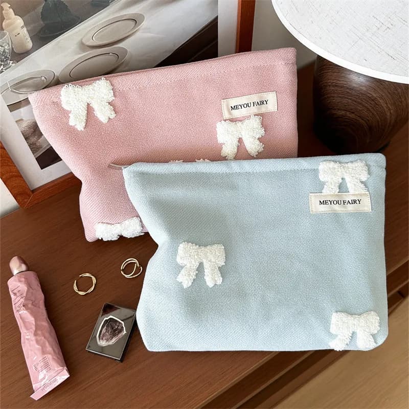 Ins Style Embroidered Bow Twill Makeup Bag Women Cute Handheld Cosmetic Storage Pouch Portable Travel Organizer for Toiletries
