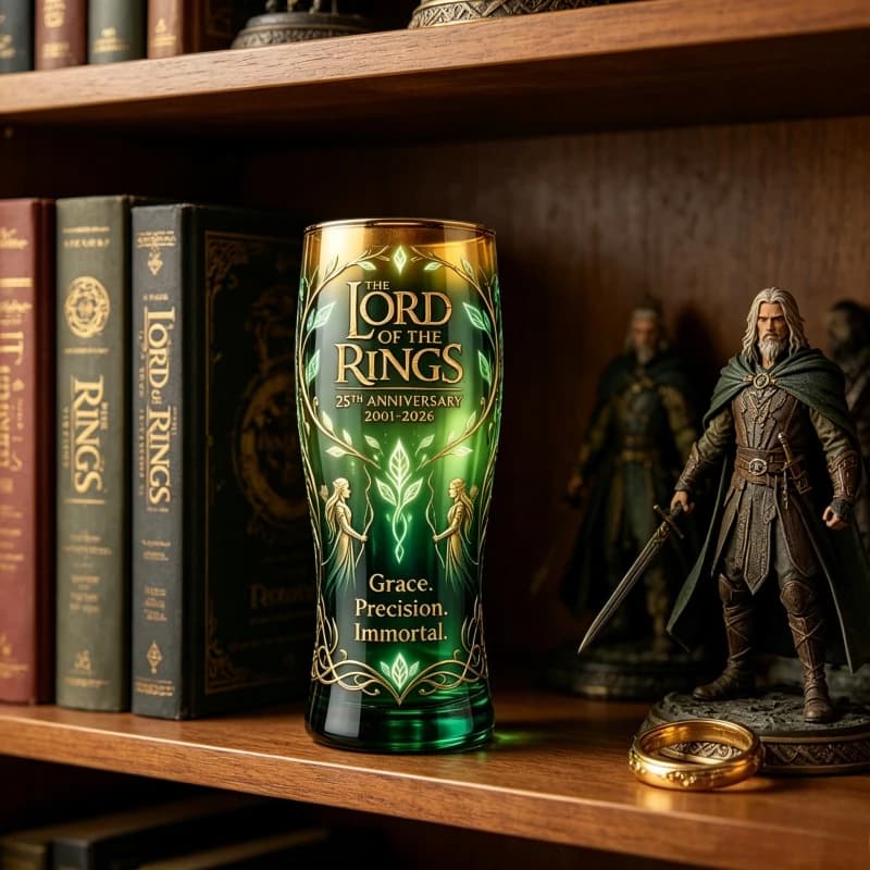 Bicchiere in vetro per il 25° anniversario di Il Signore degli Anelli, tazza da birra sfumata in stile elfico per collezione di fan