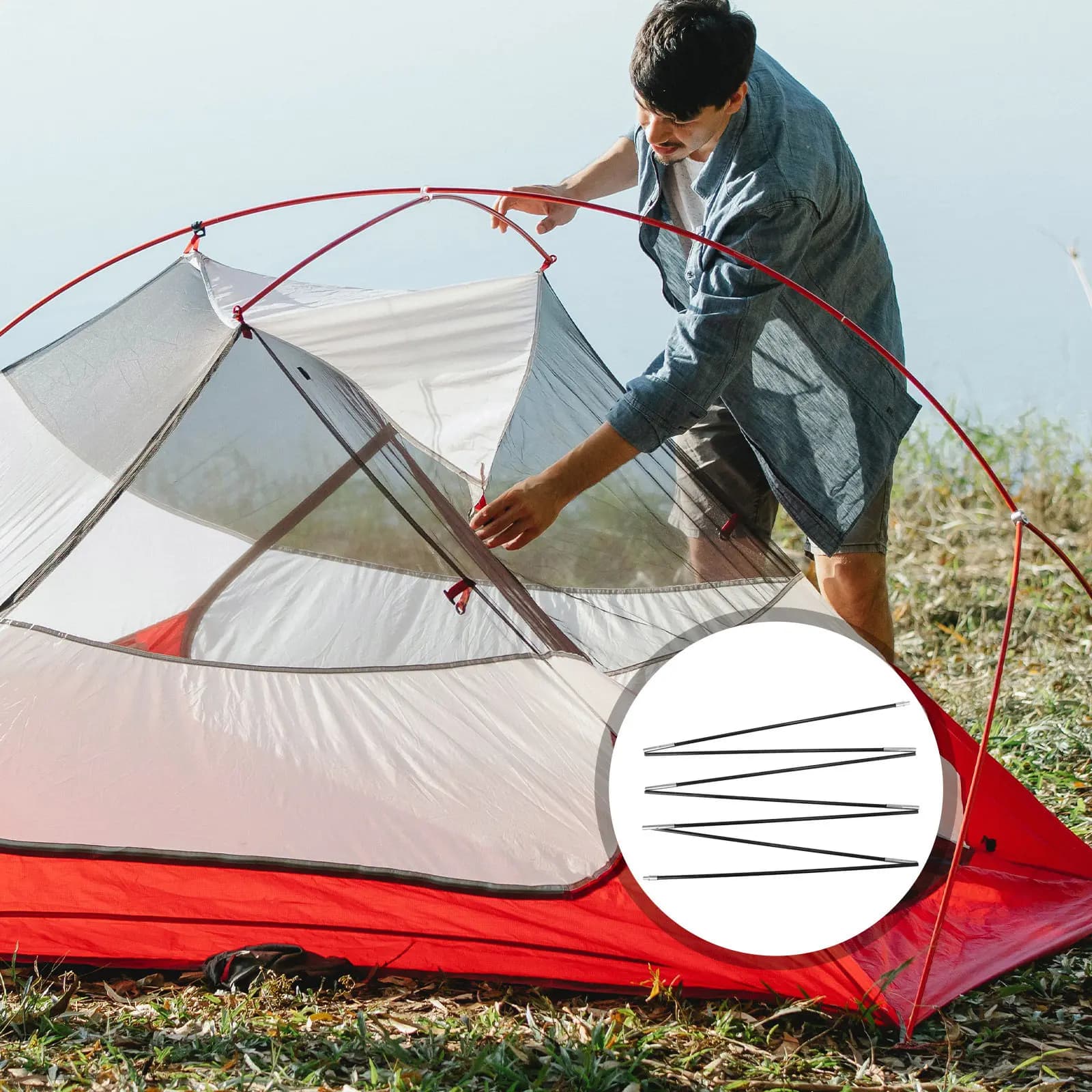 2Pcs Carbon Fiber Reinforced Fiberglass Tent Pole Set Compact Folding Replacement for Double Tent Camping Travel Tarp Support