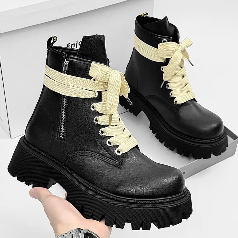 Men‘s High Top Platform Shoes Genuine Leather Lace Up Zip Luxury Trainers Man Sneakers Heels Autumn Black Designer Boots
