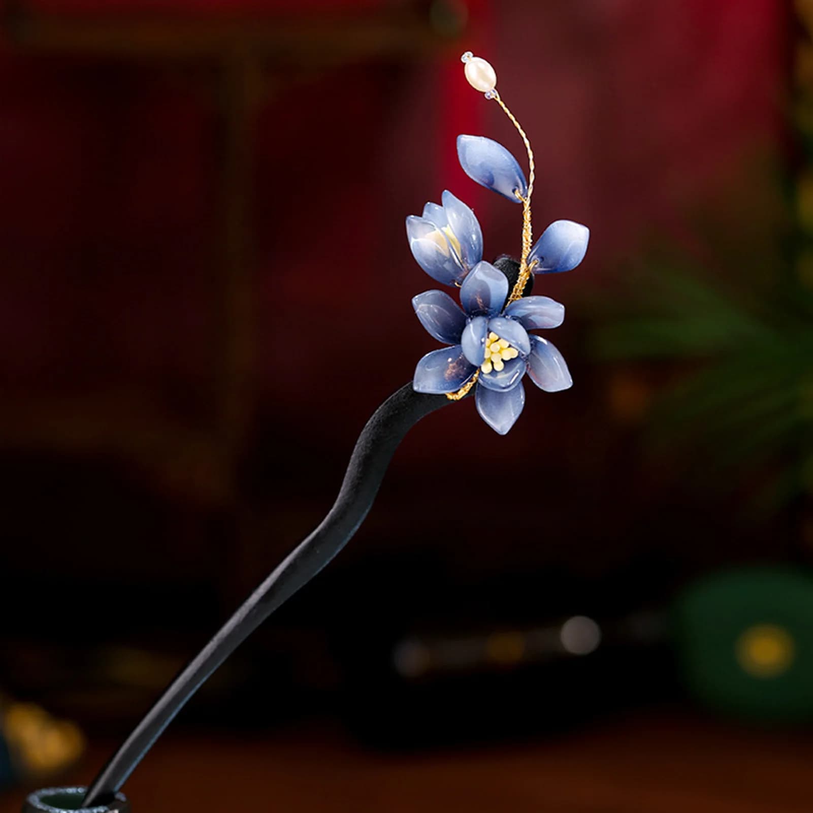 Fermaglio per capelli Hanfu da sposa in legno con ciondolo a fiore smaltato, elegante decorazione con motivi raffinati per acconciature cheongsam da donna