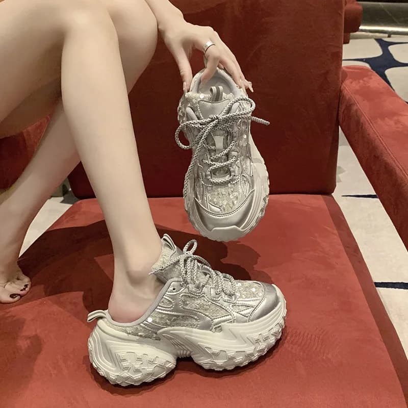 Sneakers Mule con Plateau e Paillettes da Donna, Primavera Estate 2026, Punta Chiusa, Suola Spessa, Slip-On, Scarpe Sportive Casual per Signore