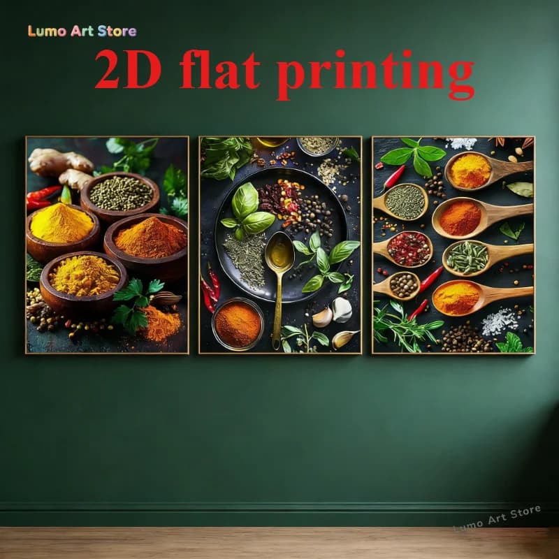 2D Flat, 2D Flat, Set of 3 Flat Printed Canvas Posters Featuring a Luxurious Retro Spice Ingredient Theme, Perfect for Decora