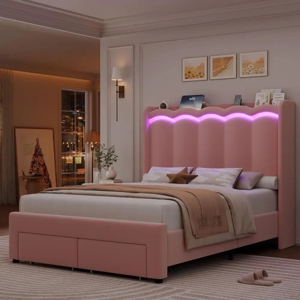 Double bed in pink velvet with LED, charging station and storage drawers, do not require mesh