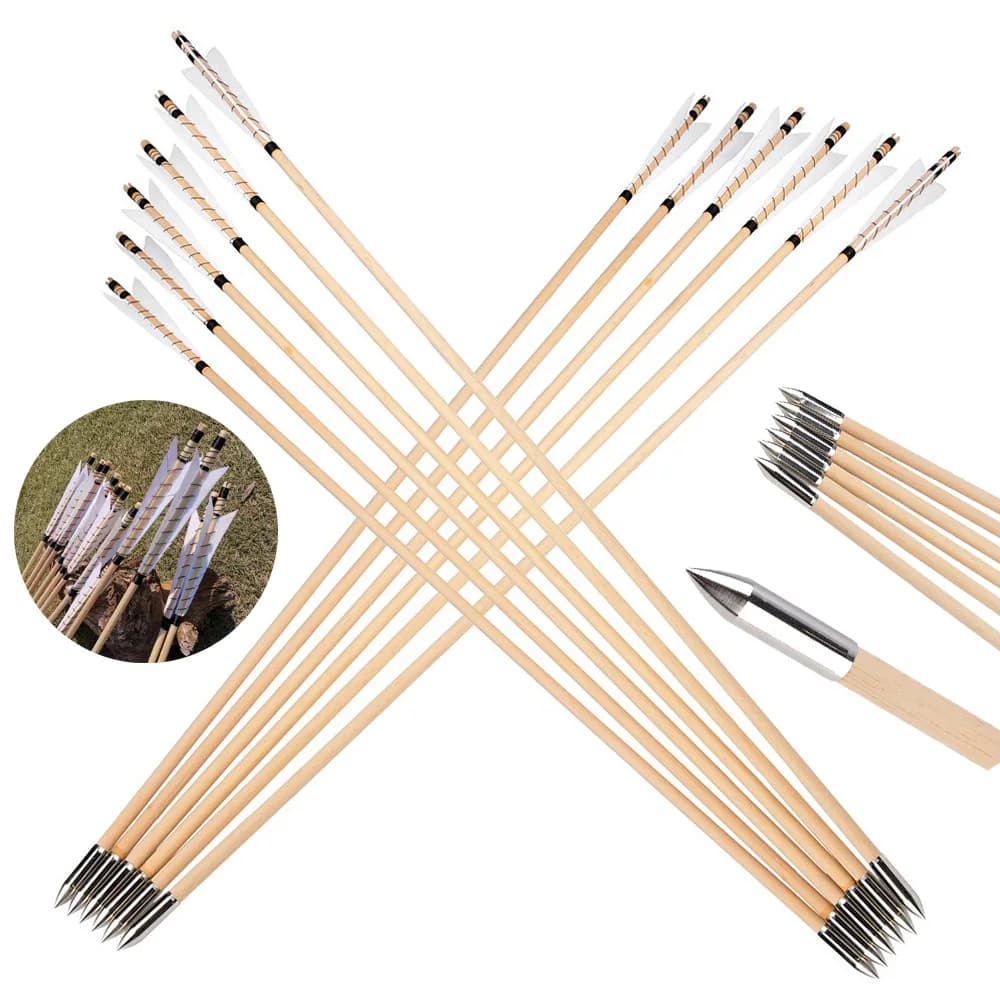 12Pcs Traditional Wooden Archery Arrows 8mm Solid Wood Shaft Equipped with 5 Inch Natural Turkey Feathers Stainless Steel Broadhead Tips Durable Shooting Accessories for Recurve Bow Longbow Target Practice & Outdoor Hunting