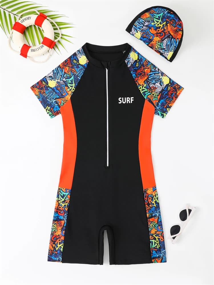 Costume da bagno intero per bambino 2026, nuovo modello a maniche corte con stampa tinta unita, abbigliamento da spiaggia estivo con cerniera per bambini