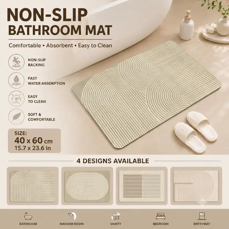 Diatomite Bath Mat Quick Dry Absorbent Beige Striped Non-Slip Backing for Home RV Bathroom Wet Area Use