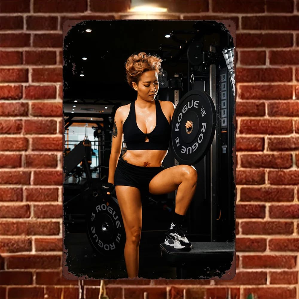 HD metal plate, strong female athlete with heavy weights, wall decoration for home gym