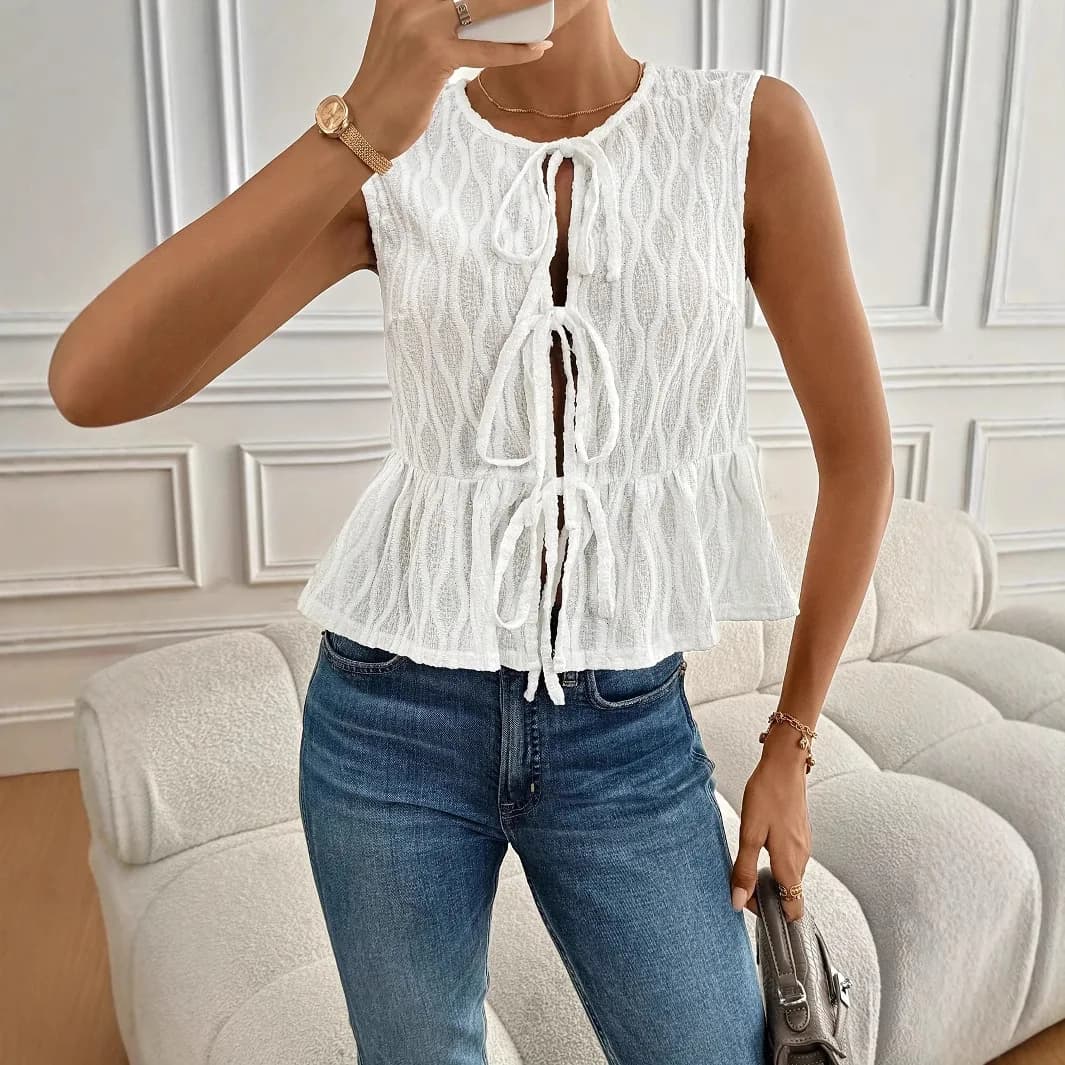 Articolo di vendita caldo di vendita caldo estivo, gilet da donna alla moda con collo rotondo casual con cravatta frontale
