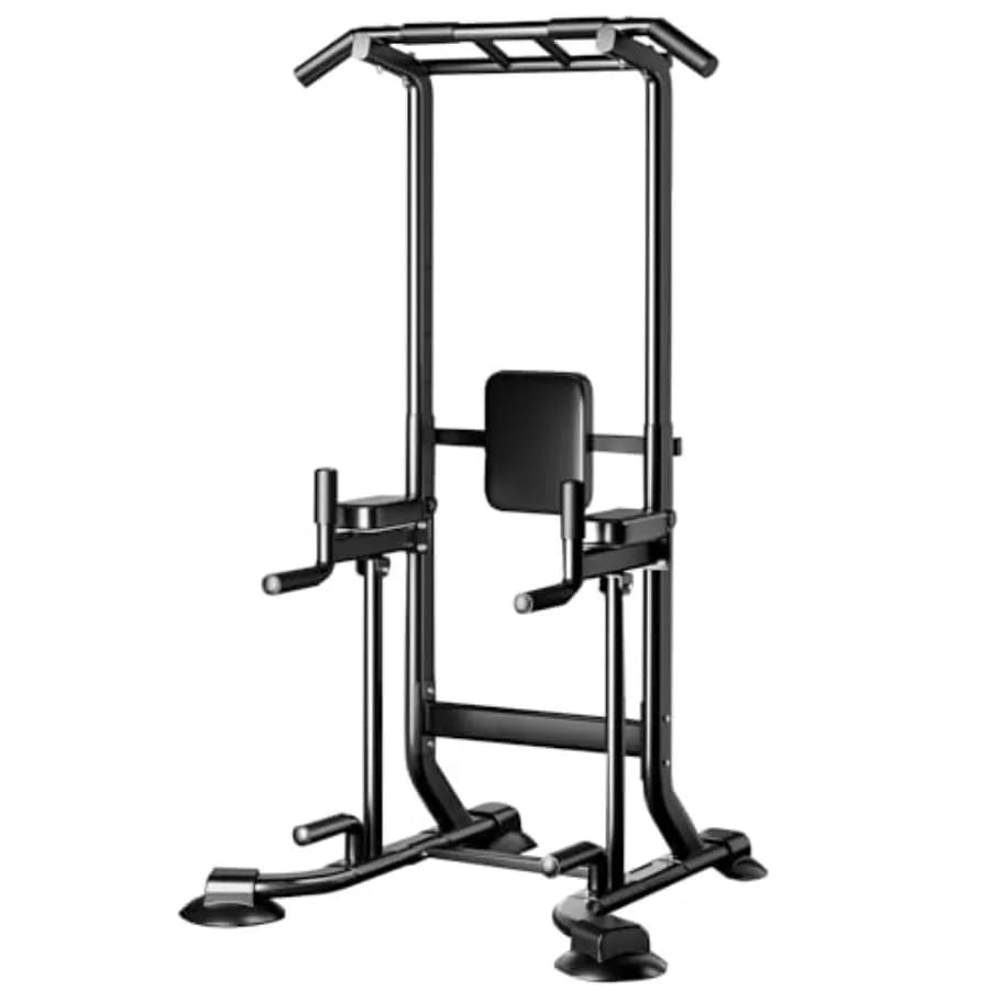 Home power tower with steel frame, black finish, multi-function strength training station featuring pull-up and dip bars, 660lb