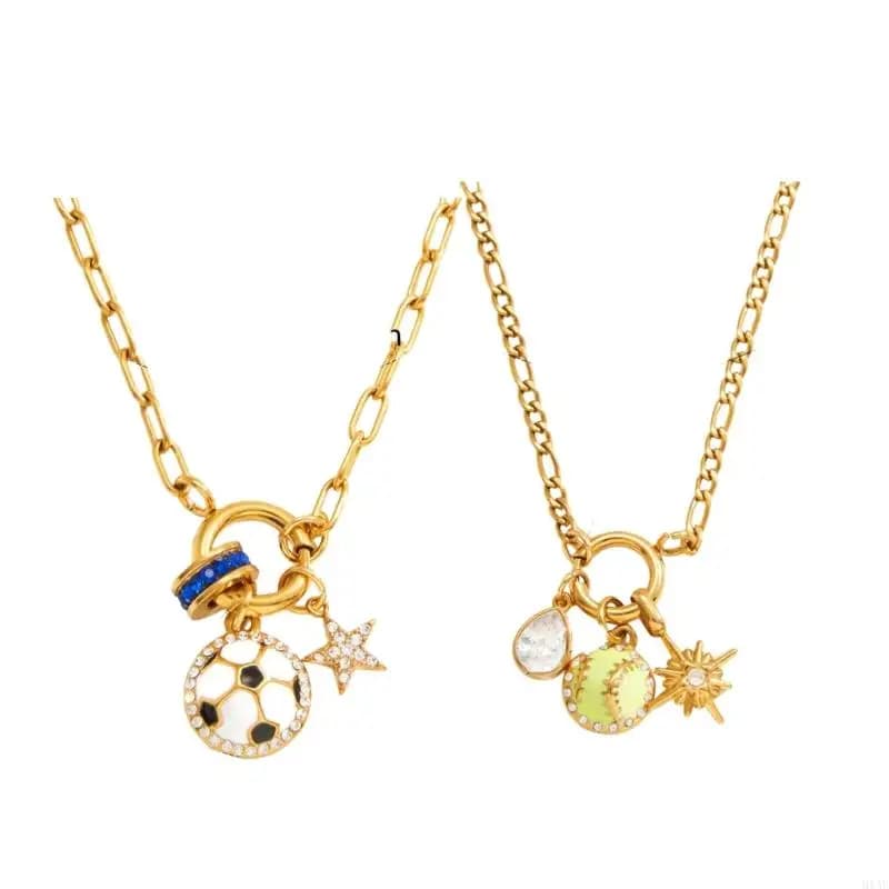91AF Collana elegante a tema sportivo con ciondolo da tennis e calcio, accessorio in acciaio inossidabile per uomo e donna
