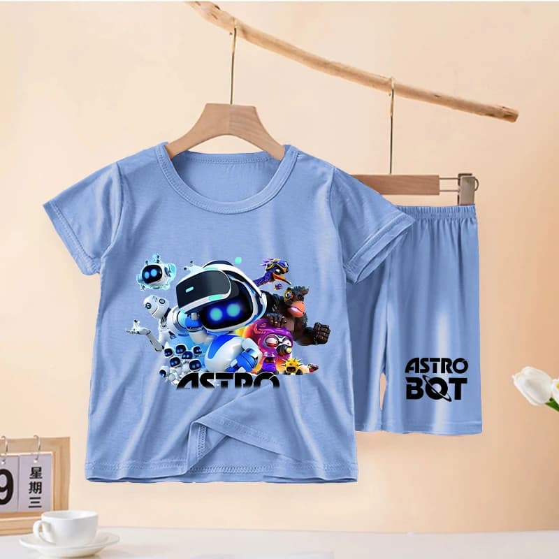 Pigiama per Bambini Astrobots, Set 2 Pezzi, Tema Astro Robot, Abbigliamento da Notte Estivo in Modal, Top e Pantaloncini, Completo Pigiama per Bambini e Bambine