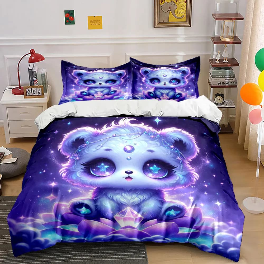 Set copripiumino con stampa orsetto viola fantasia e loto con cristalli, 1 copripiumino + 2 federe, decorazioni per camera da letto in diverse misure