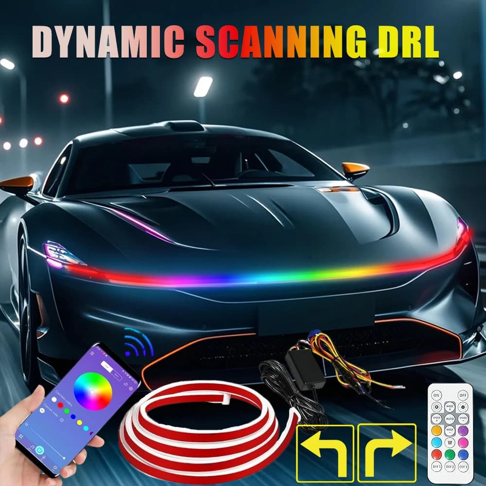 Dynamic Scan RGB Start Up DRL Daylights Strip with direction indicator Flexible for SUV Led Hood Light 12V Control APP