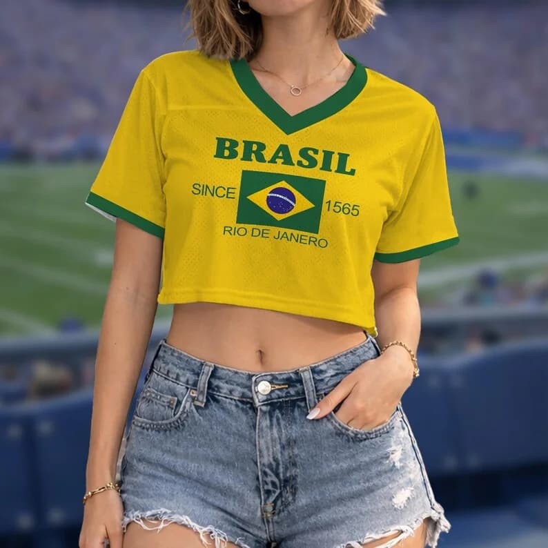 2026 Summer Brazilian Women's Personalized Football Sportswear 3D Printed V-neck Short Open Navel Cheerleading Short T-shirt