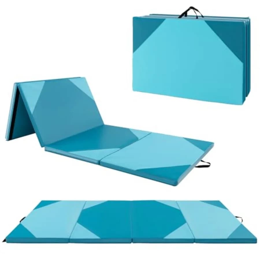 Gymnastics for stretching, yoga, cheerleading, martial arts: 4'x10'x2, folding 4 panels, portable, in blue EVA foam with tear closure.