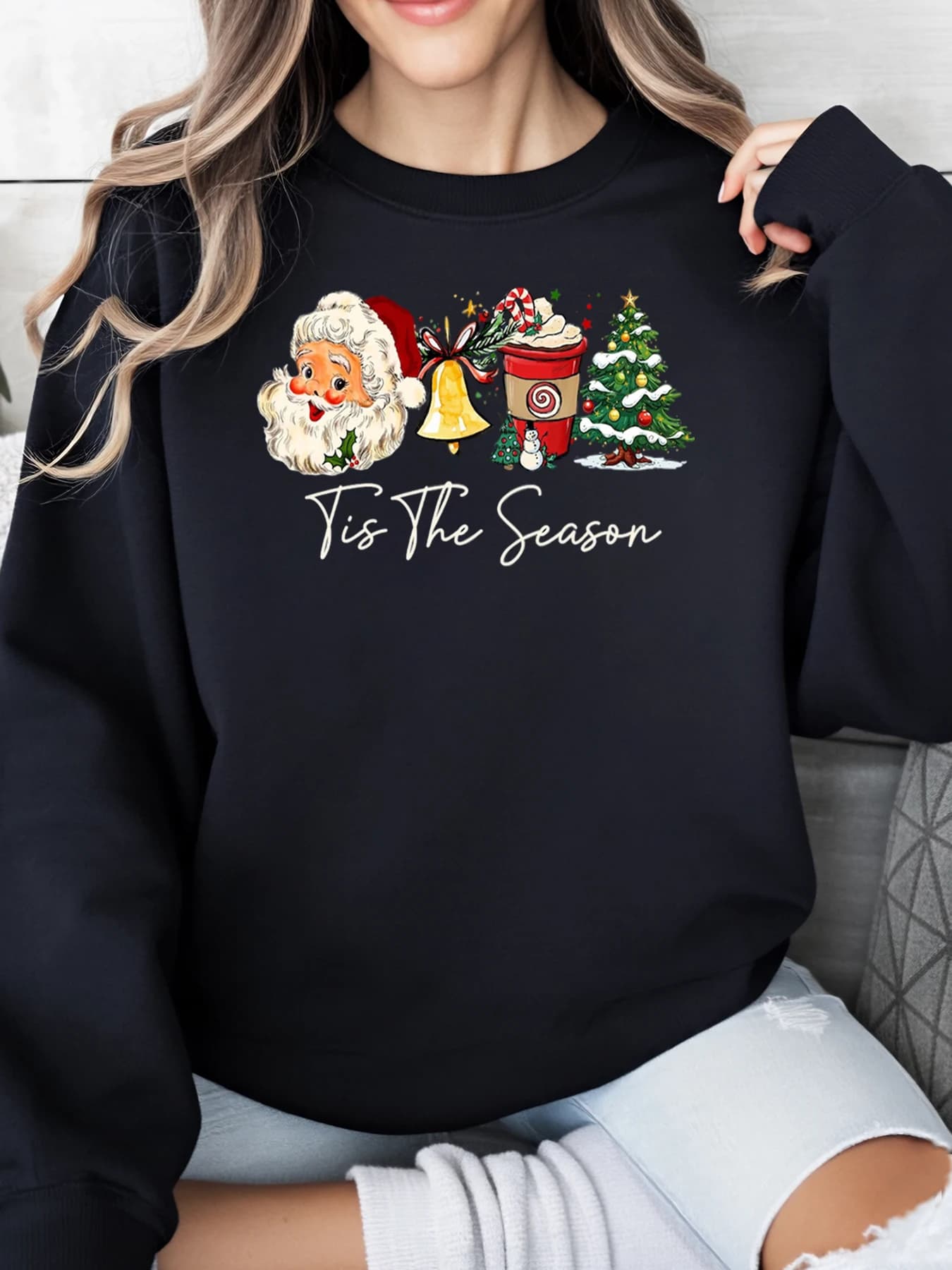 Santa Claus Campana Mug Tree Tis Season Christmas sweatshirt Women casual clothing for holidays Black Plus size