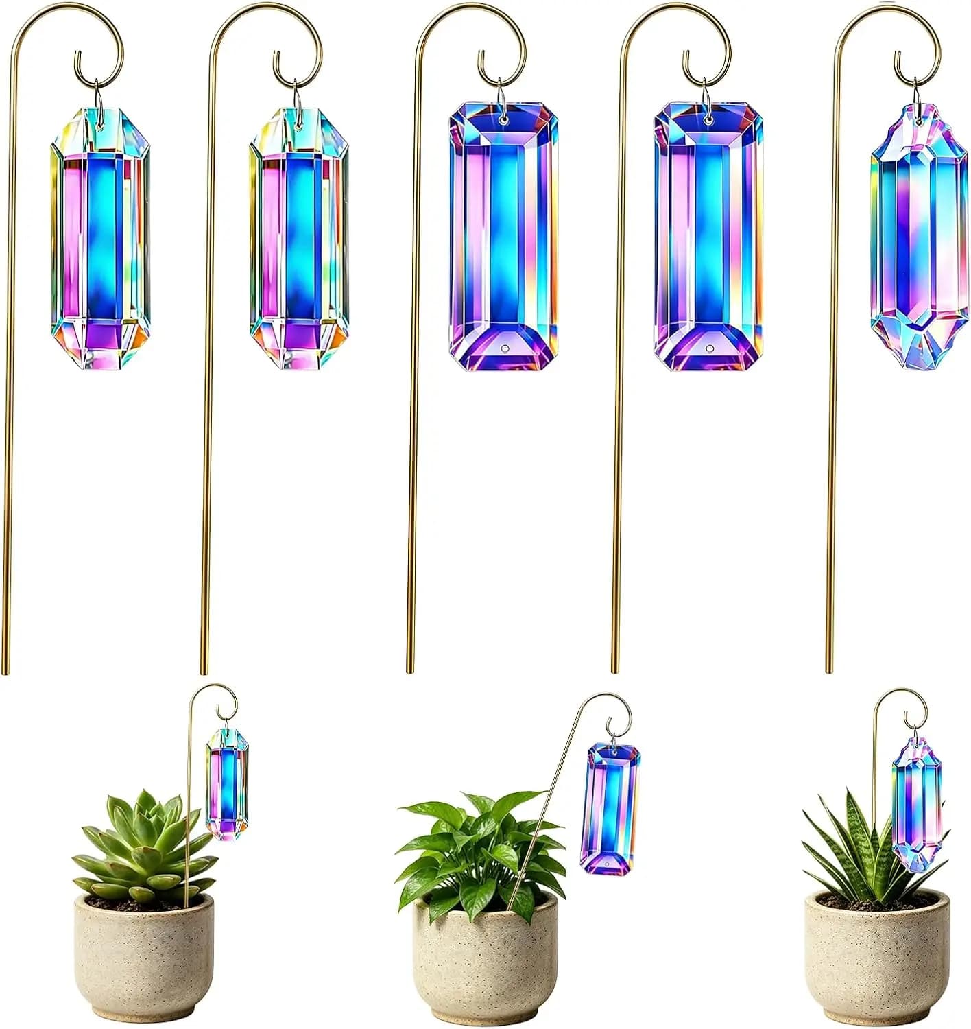 Set di 5 Cristalli Acchiappasole Dorati con Prismi Colorati AB per Piante in Vaso, Creatore di Arcobaleni per Giardino