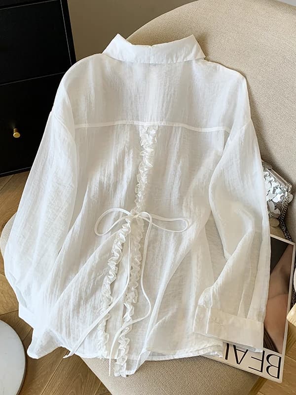 Nuovo Design Estivo: Camicia da Donna con Cinturino Posteriore, Orlo a Balze, Protezione Solare, in Cotone e Lino, con Maniche a Bolla e Colletto