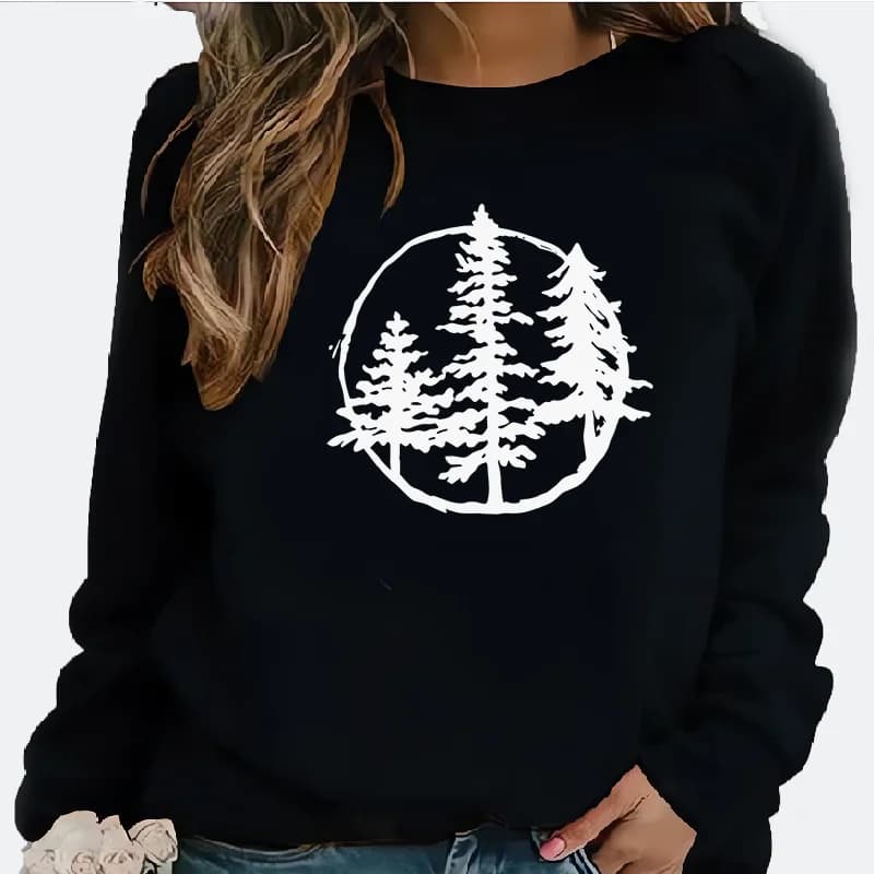 Felpa con cappuccio da donna semplice, comoda e calda, casual e alla moda, girocollo, albero di Natale, antivento, streetwear da donna