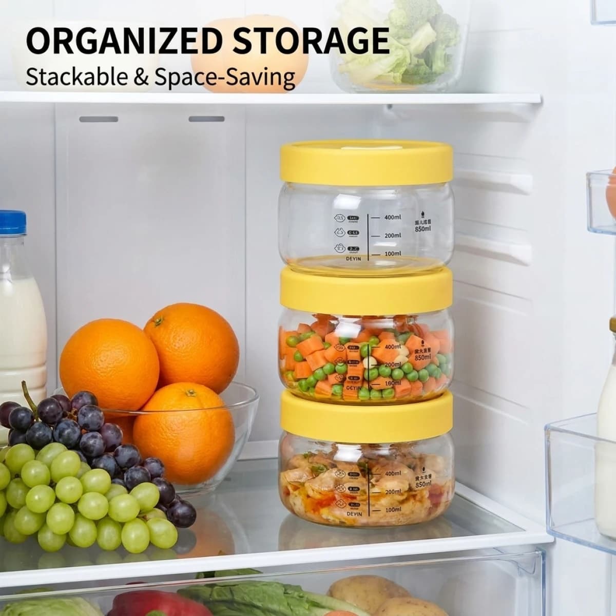 Contenitore per Alimenti in Vetro Borosilicato con Coperchio Giallo, Ciotola in Vetro Ermetica e Antiperdita con Scala Graduata, Adatta per Microonde e Congelatore